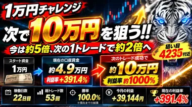 【1万円チャレンジ】利益率約400％到達。次の一撃で「約10倍」を狙います