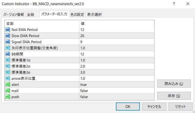 BB×MACD 回帰候補サインツールのパラメータ設定画面