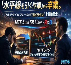 上位足のサポレジを、迷わず一瞬で取引画面に描画。マルチタイムフレーム対応(MTF)・サポレジライン自動描画【Auto MTF SR Lines＿MT4】 Indicators/E-books