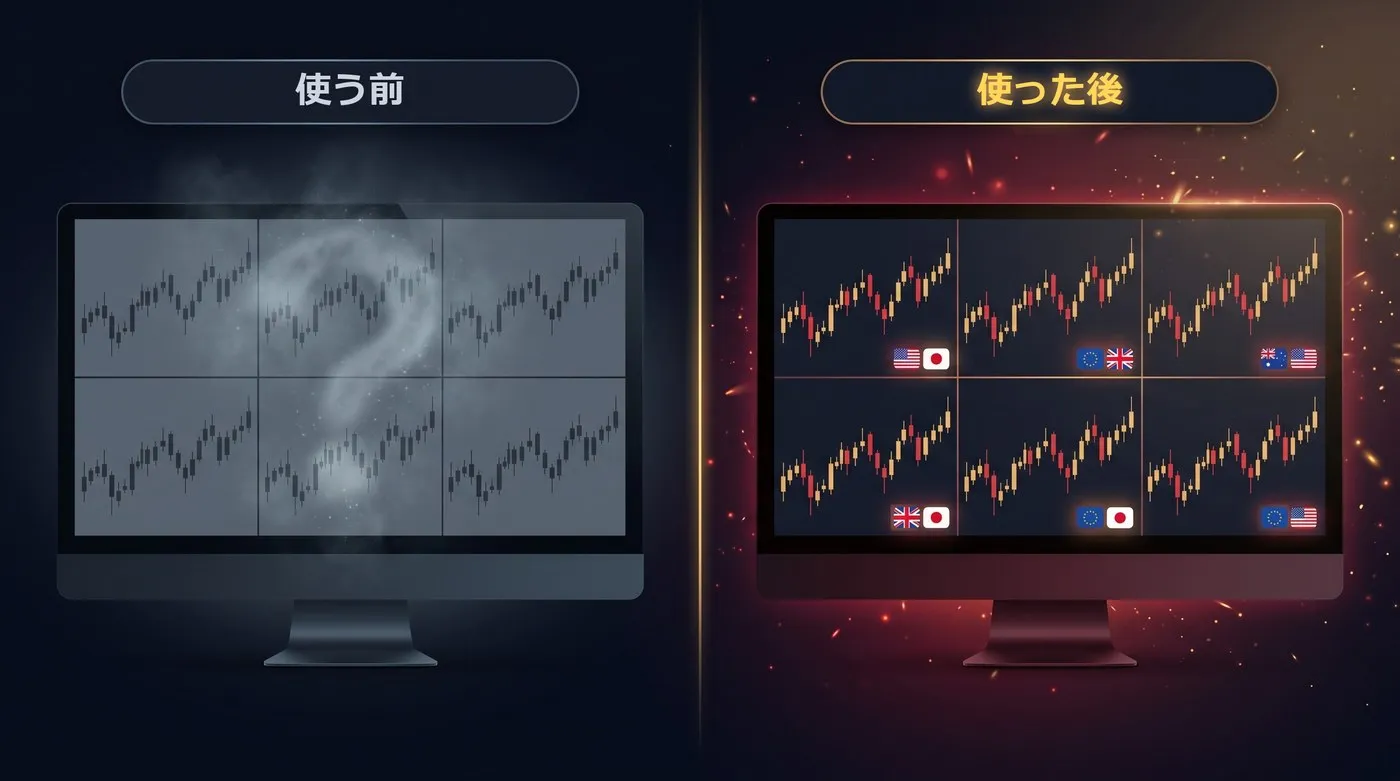 使う前：どの通貨ペアか分かりにくい／使った後：国旗でひと目で分かる