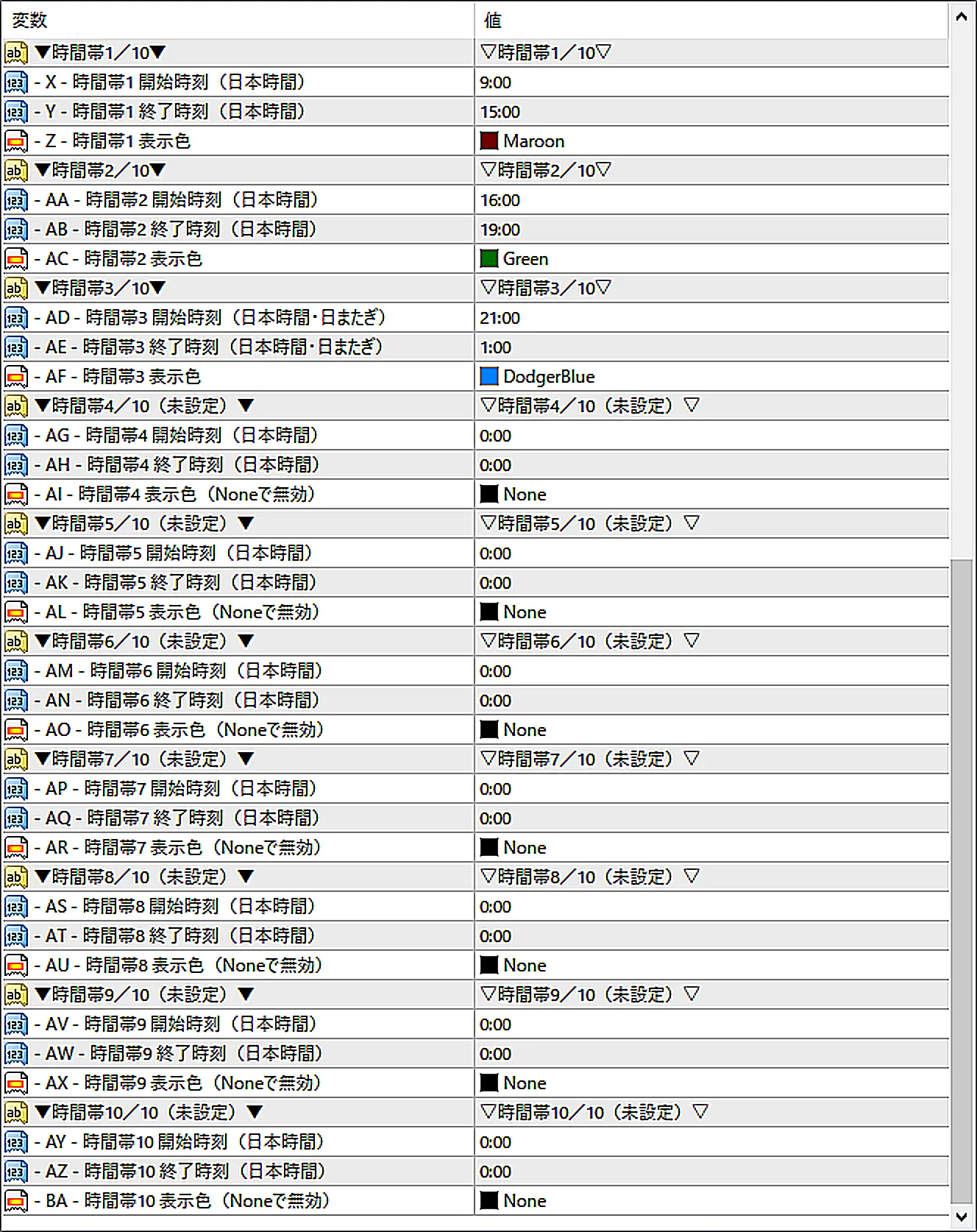 SL_JTGのパラメーター画面（X〜BA）