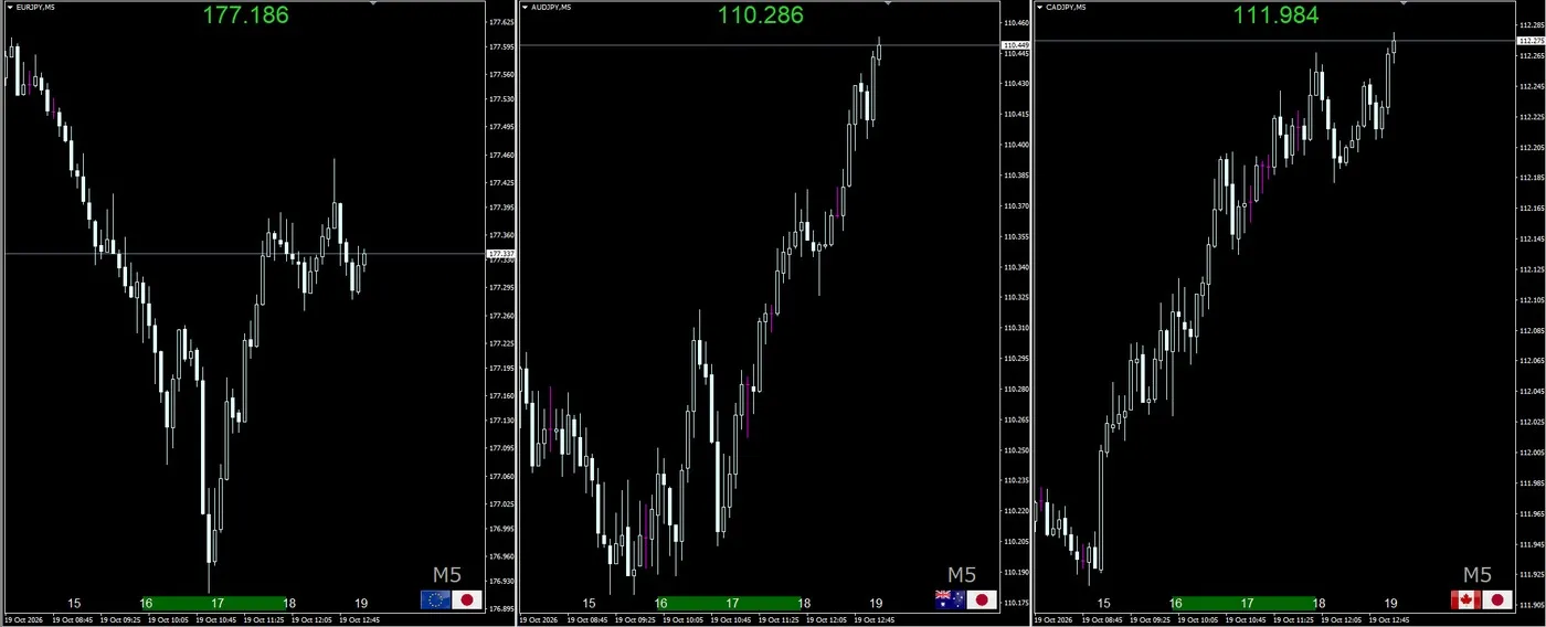 EURJPY・AUDJPY・CADJPYの5分足を3つ並べ、マウスの位置の価格を上部に大きく表示した画面