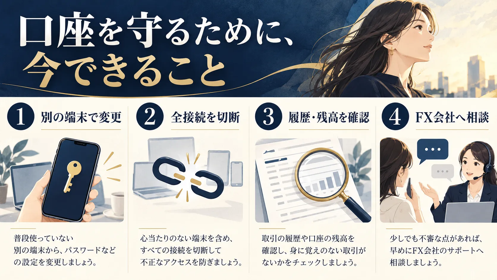 別の端末で変更、全接続を切断、履歴と残高を確認、FX会社へ相談